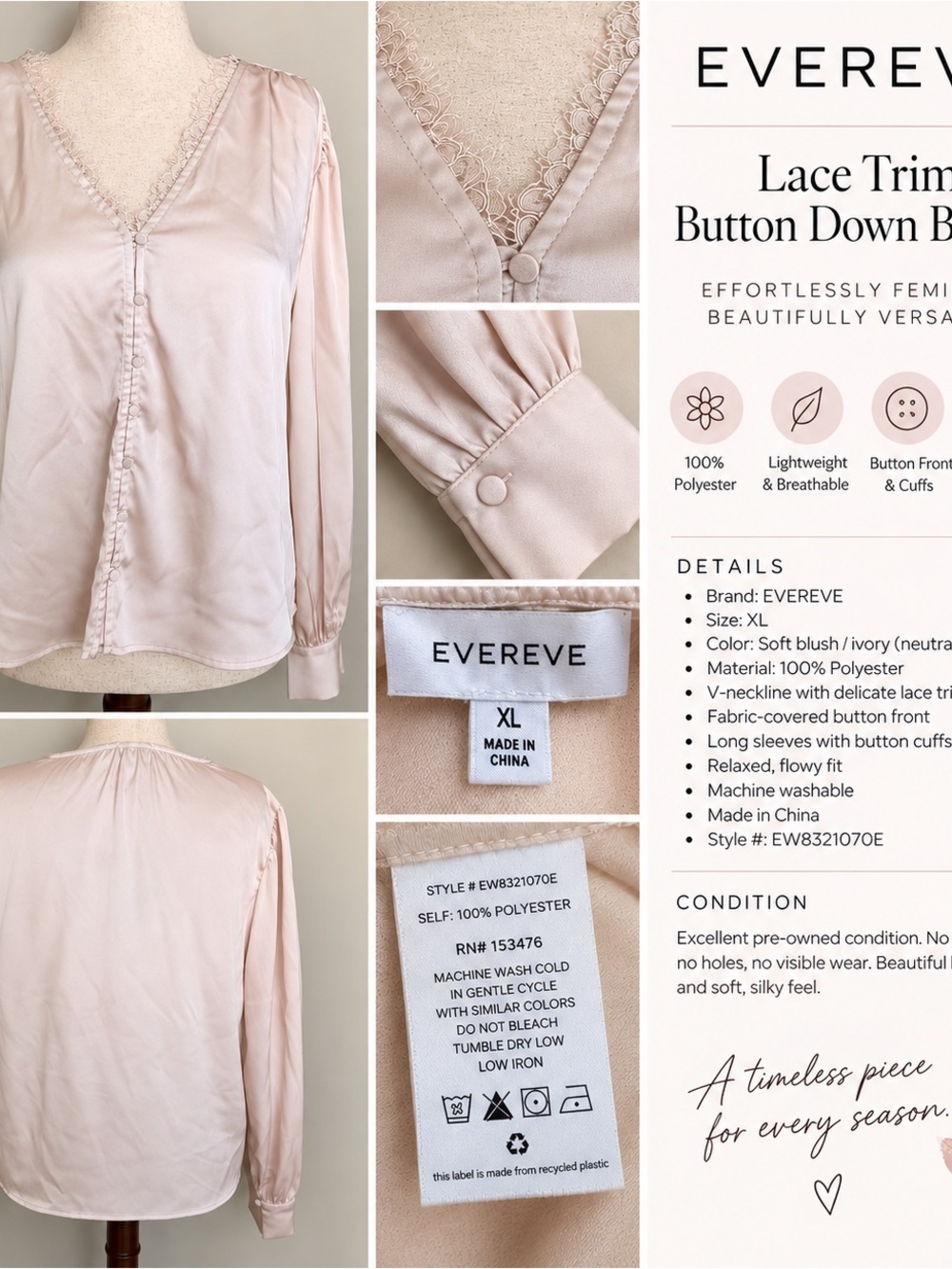 EVEREVE Lace Trim Button Front Blouse XL champagne Satin Long Sleeve